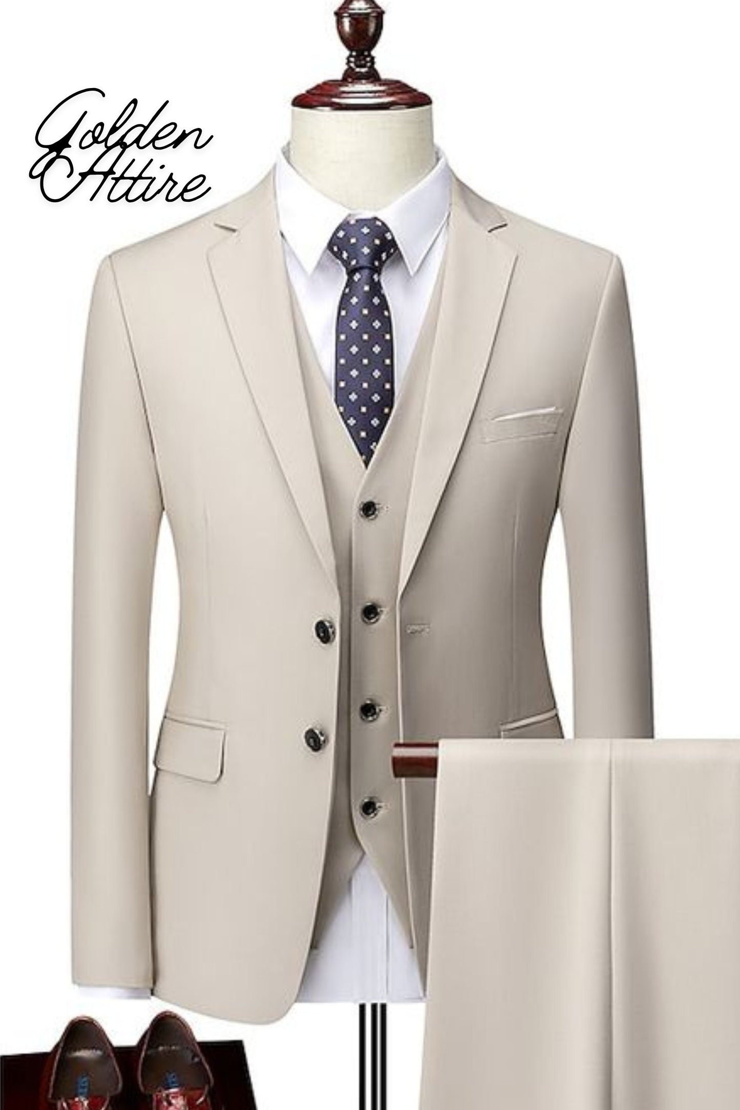 Men's Cream 3 Piece Suit: Beige Two Button Wedding Tuxedo