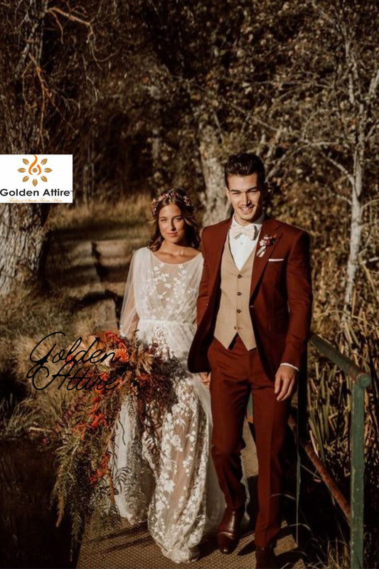 Terracotta 3-Piece Suit: Rust Wedding Groom Tuxedo