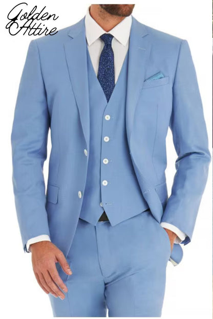 Sky Blue 3-Piece Suit: Slim Fit One Button Tuxedo