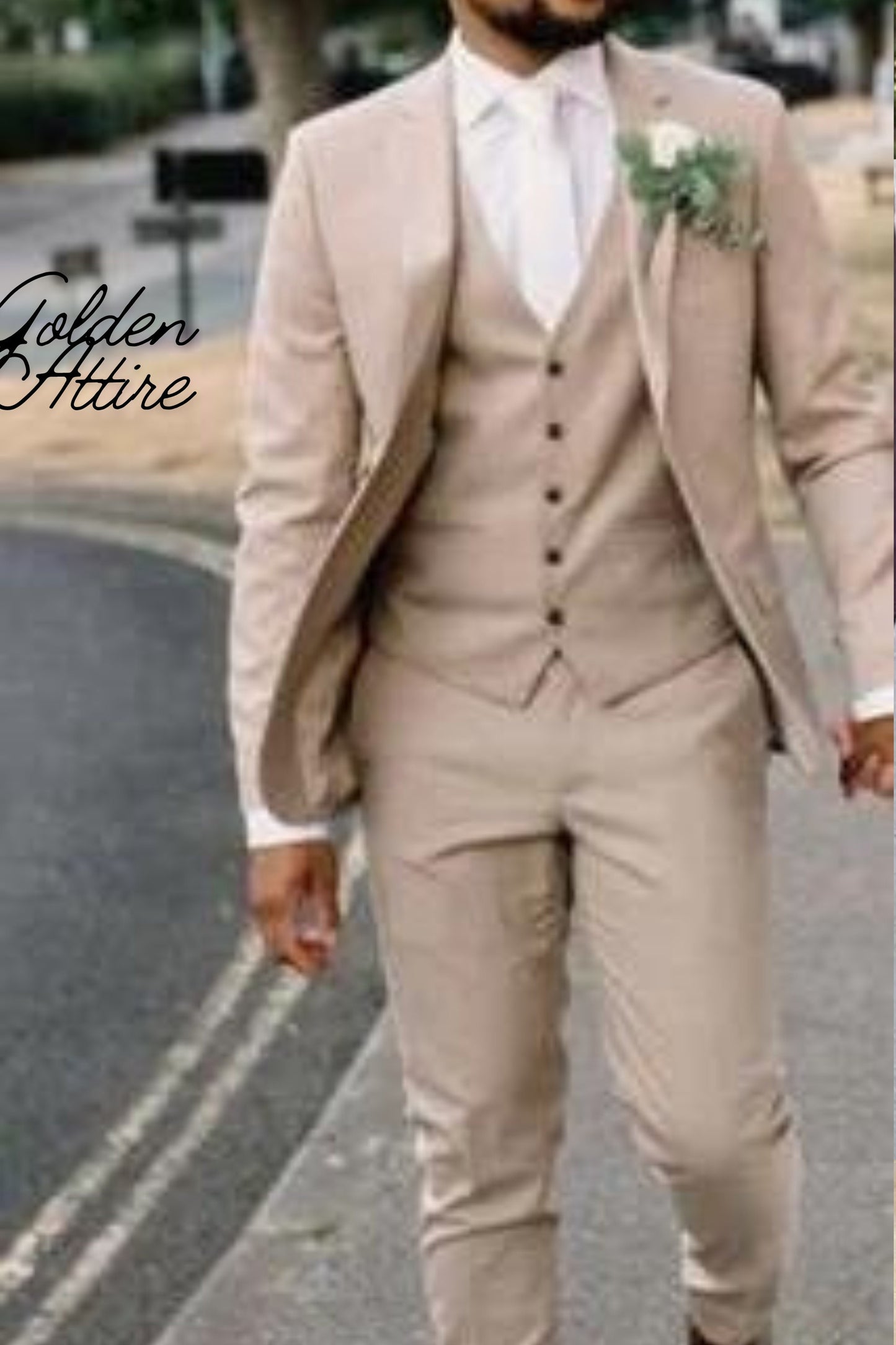 Beige Linen Suit Men, Slim Fit 3 Piece Wedding Tuxedo