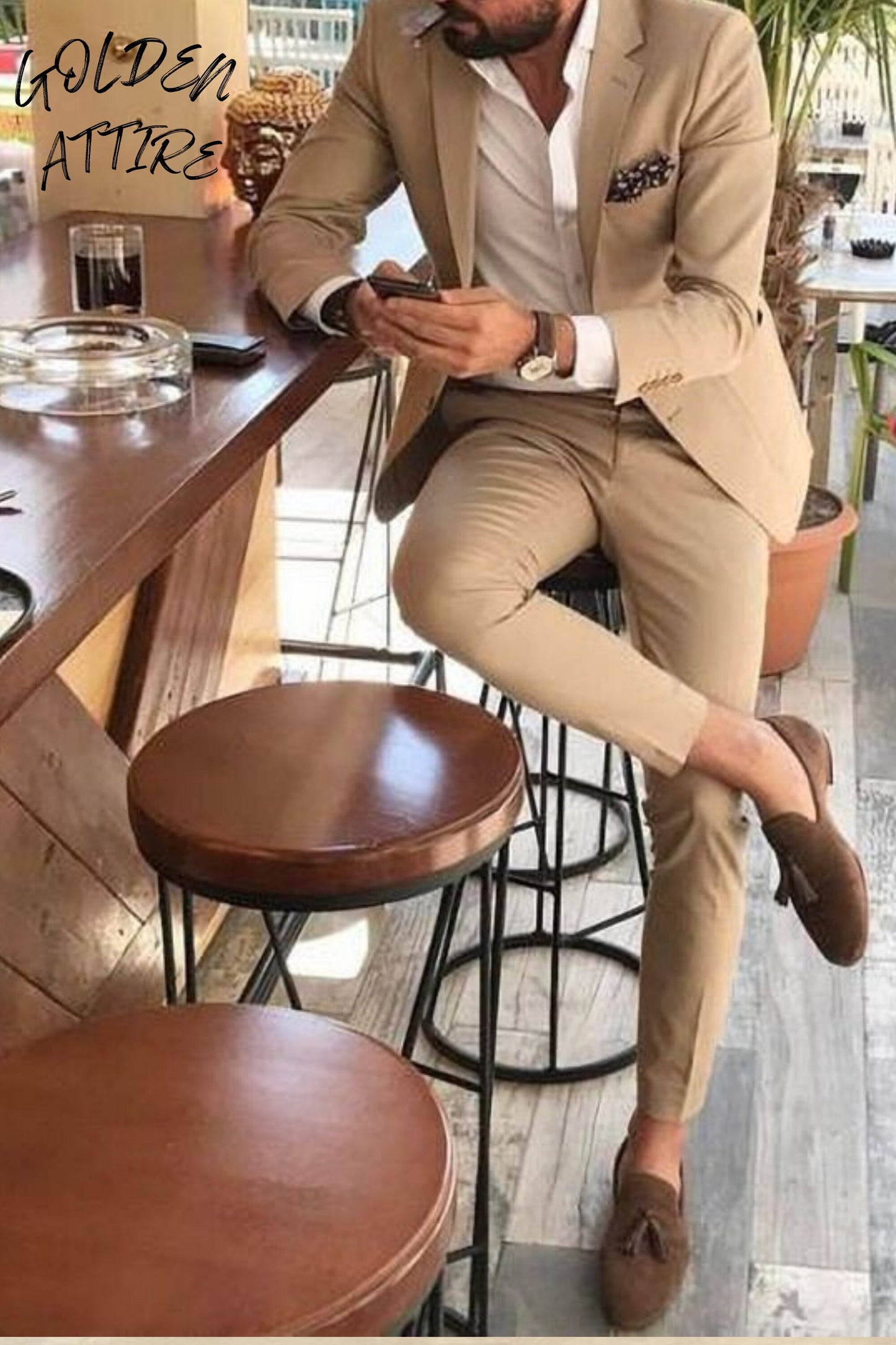 Beige Two-Piece Suit: Men's Wedding, Engagement, or Groom Attire