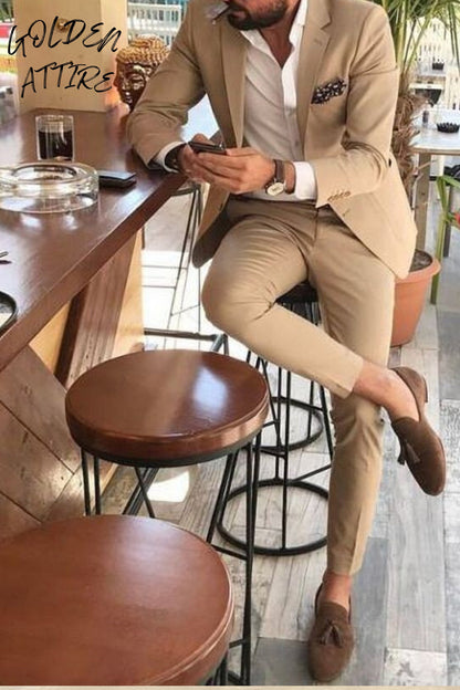 Beige Two-Piece Suit: Men's Wedding, Engagement, or Groom Attire