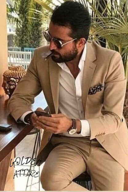Beige Two-Piece Suit: Men's Wedding, Engagement, or Groom Attire