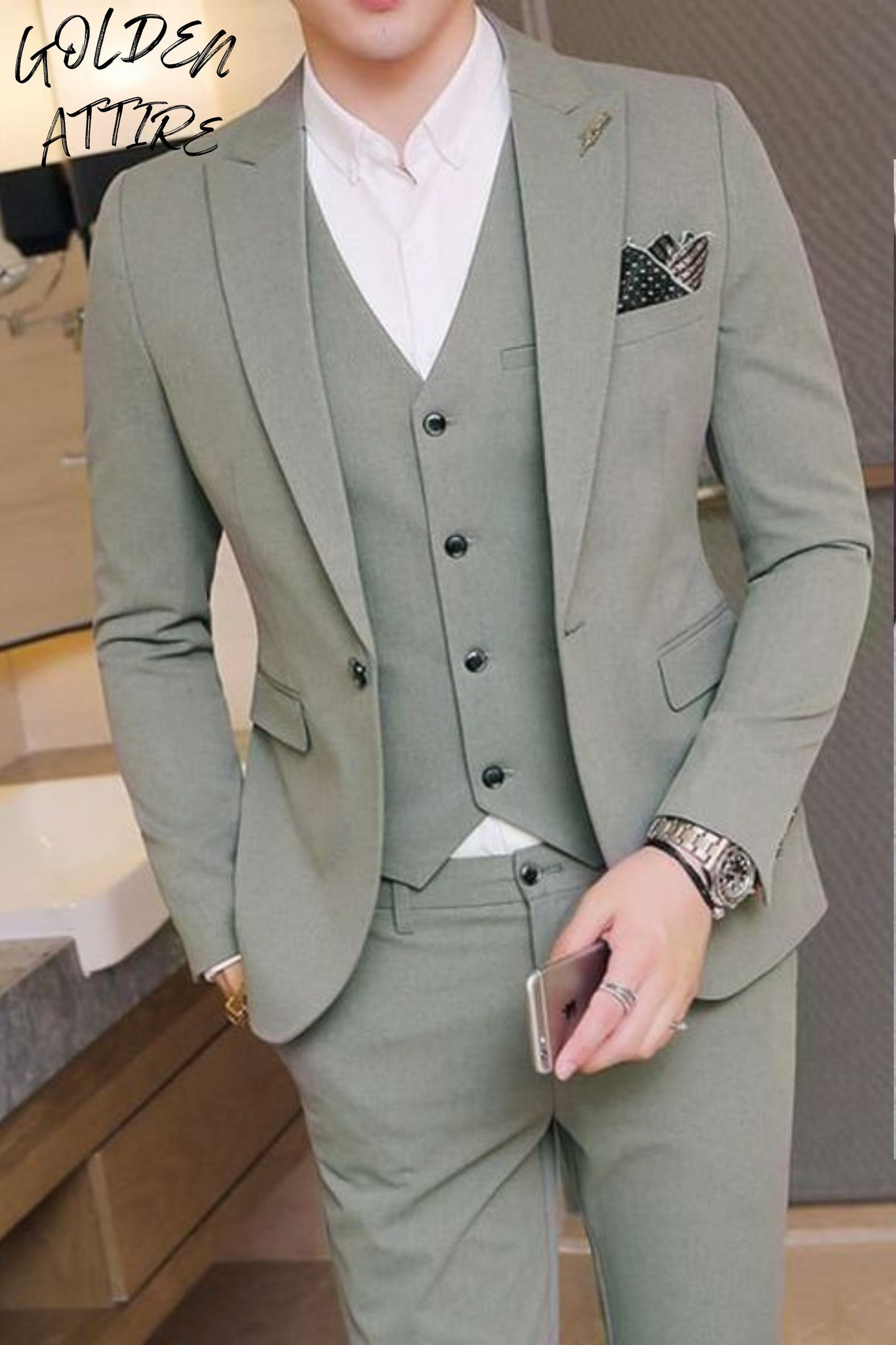 Sage Green Three Piece Suit: Bespoke Wedding Suit