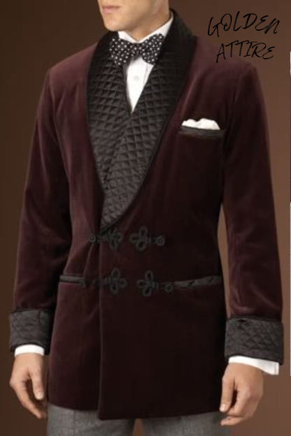 Burgundy Velvet Smoking Jacket, Double Breasted Tuxedo, Bespoke Jacket