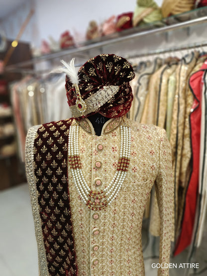 Beige Sherwani for Men, Indian Wedding Groom Outfit