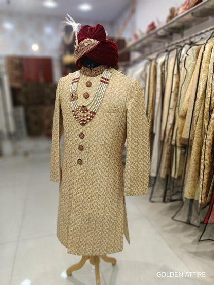 Men’s Beige Sherwani Groom Outfit, Custom Fit Indian Wedding Sherwani Set