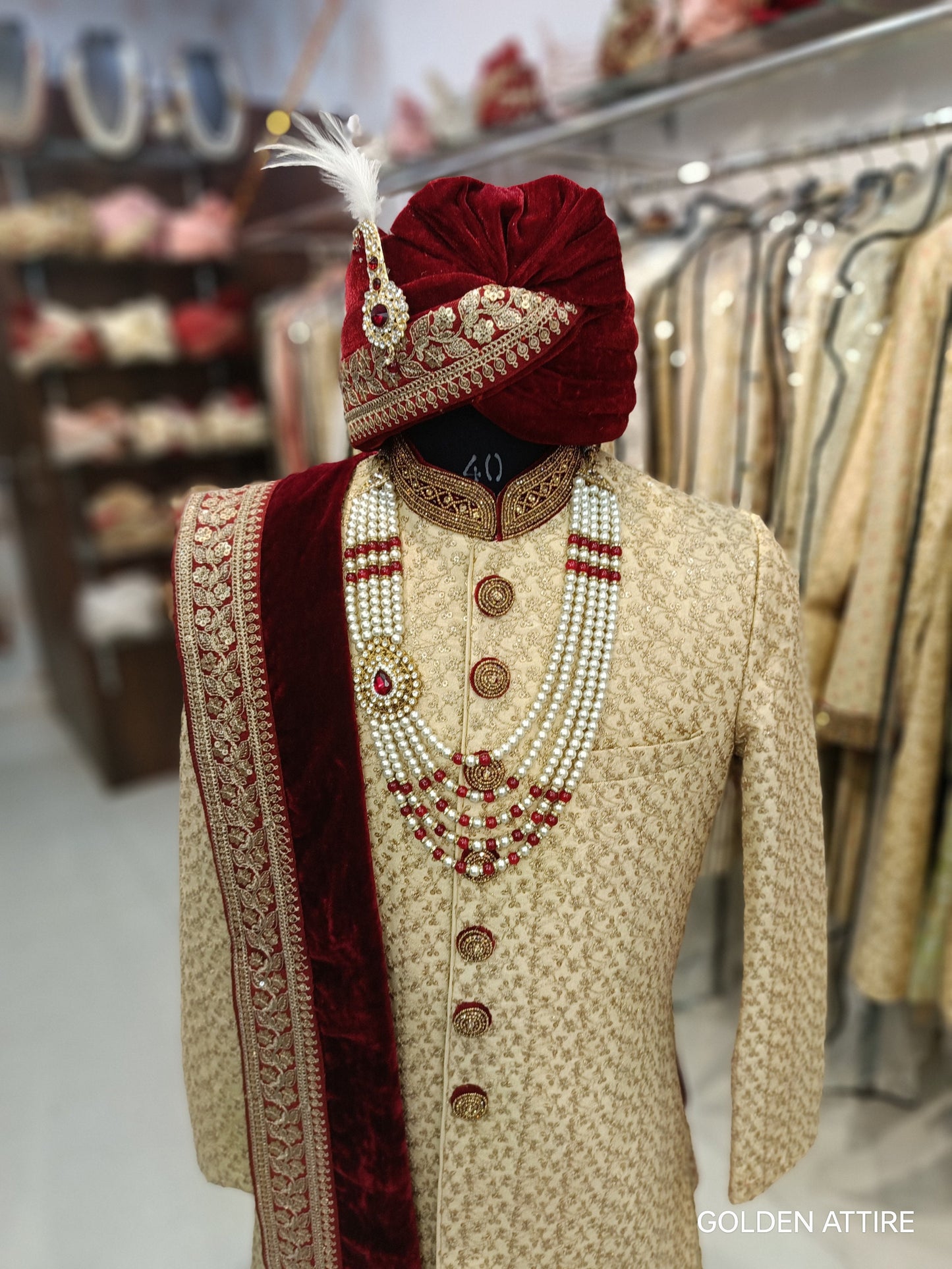 Men’s Beige Sherwani Groom Outfit, Custom Fit Indian Wedding Sherwani Set