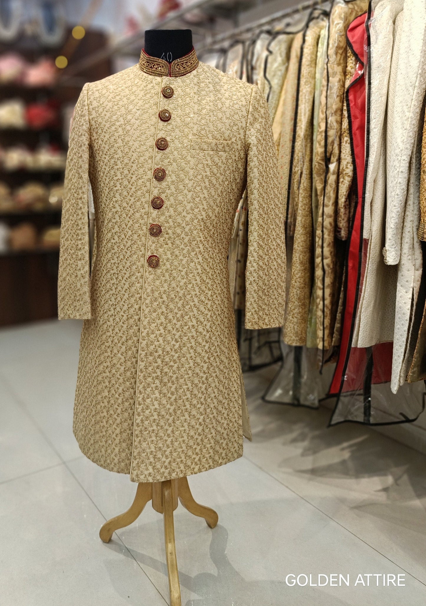 Men’s Beige Sherwani Groom Outfit, Custom Fit Indian Wedding Sherwani Set