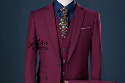 Maroon 3-Piece Suit: Slim Fit One Button Tuxedo