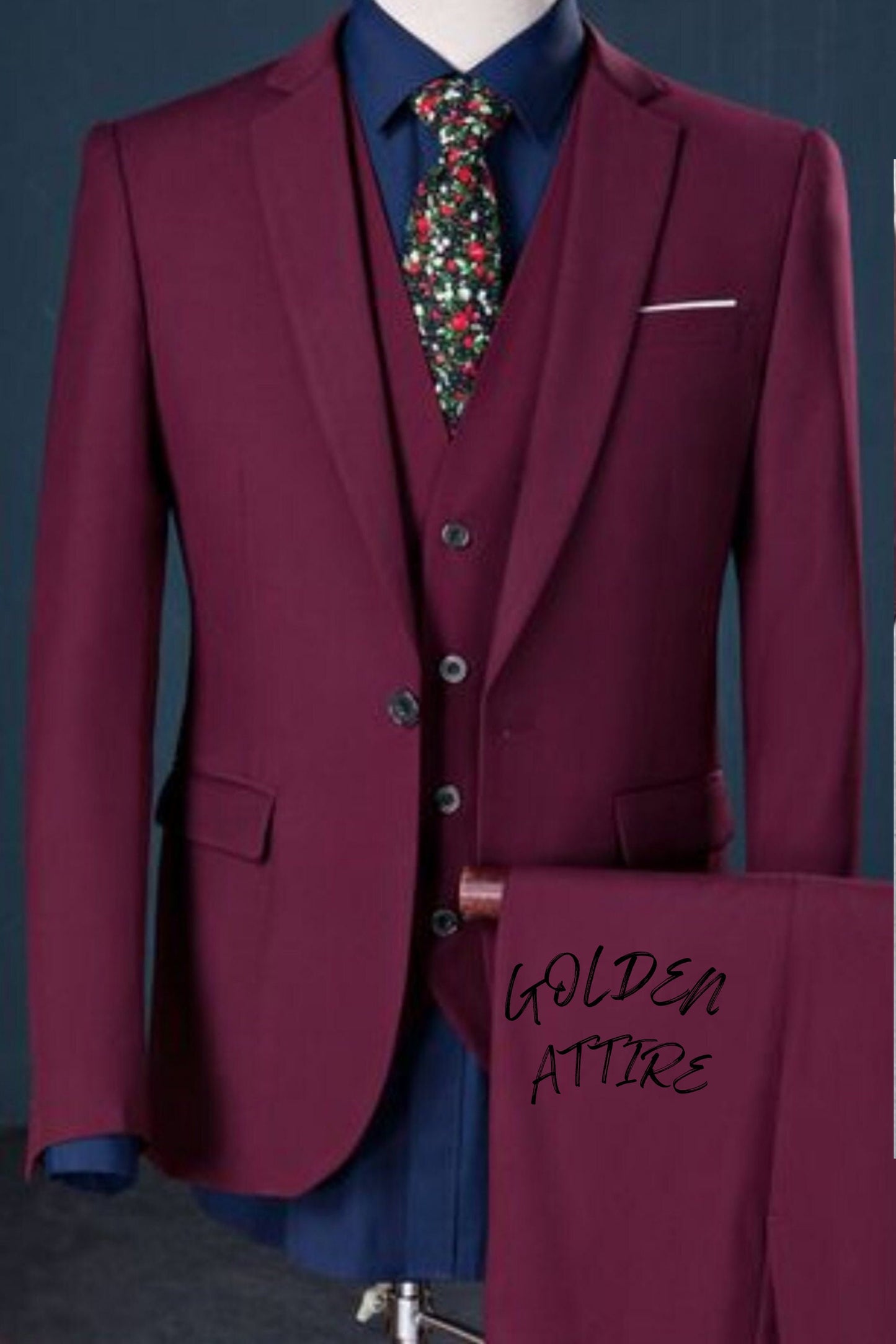 Maroon 3-Piece Suit: Slim Fit One Button Tuxedo