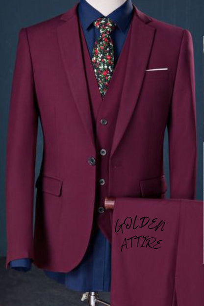 Maroon 3-Piece Suit: Slim Fit One Button Tuxedo