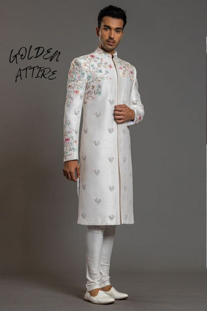 Elegant White Sherwani for Groom: Handcrafted Wedding Outfit