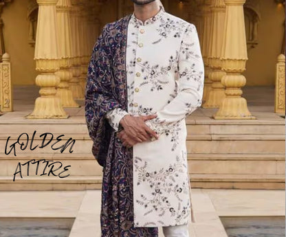 White Floral Sherwani, Indian Groom Wedding Outfit
