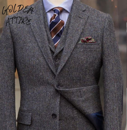 Men's Charcoal Grey Herringbone Three Piece Suit, Tweed Wool Vintage Wedding Groom Outfit