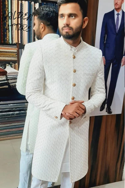 Ivory Velvet Indo Western Sherwani for Men, Custom Fit Groom Achkan Set
