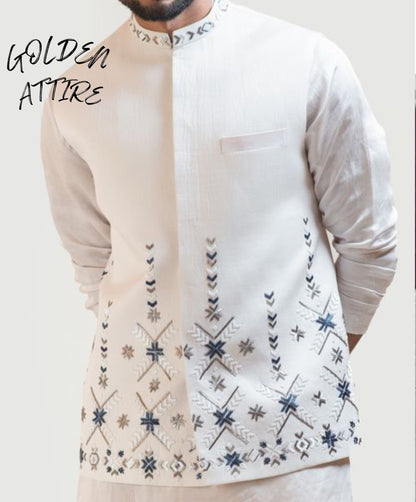 White Embroidered Nehru Jacket: Indian Wedding Groom Attire