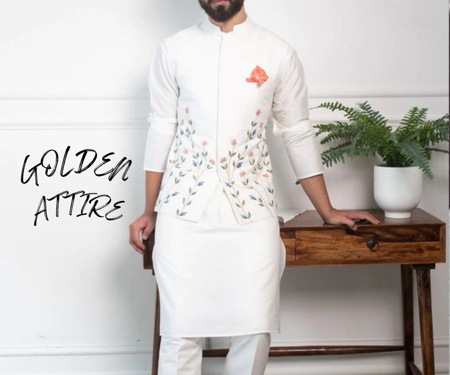 White Embroidered Nehru Jacket with Kurta Pajama, Groom Wedding Modi Jacket