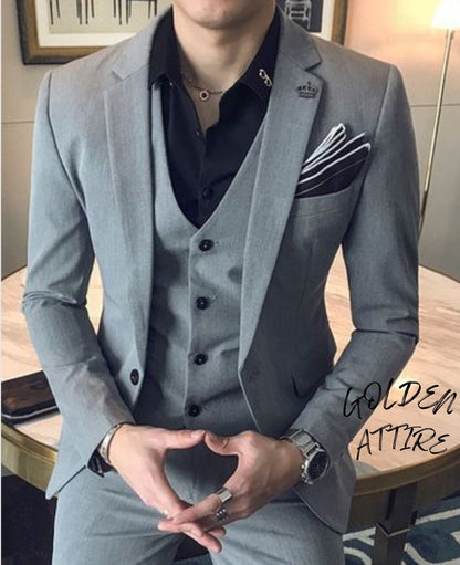 Grey 3-Piece Suit: Men's Wedding Groom Dinner Suit