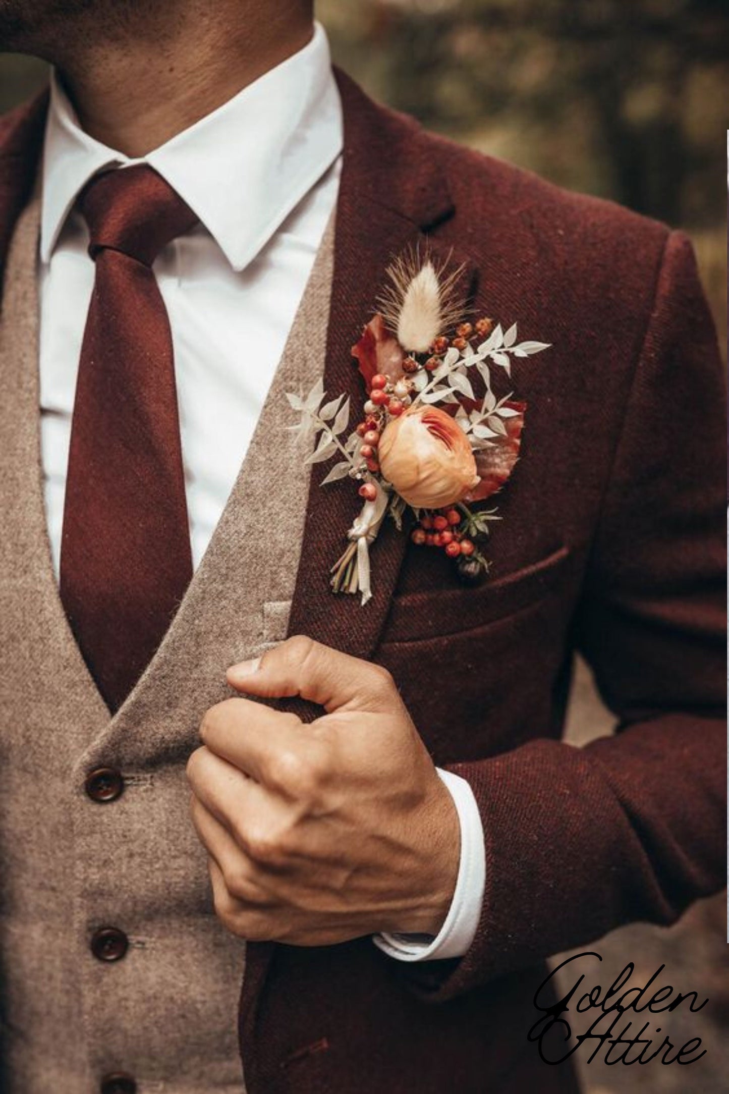 Burgundy Tweed Wool Groom Suit, Elegant 3-Piece Wedding Suit