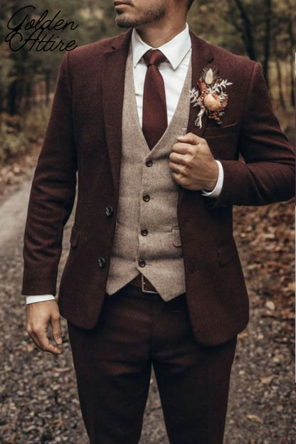 Burgundy Tweed Wool Groom Suit, Elegant 3-Piece Wedding Suit