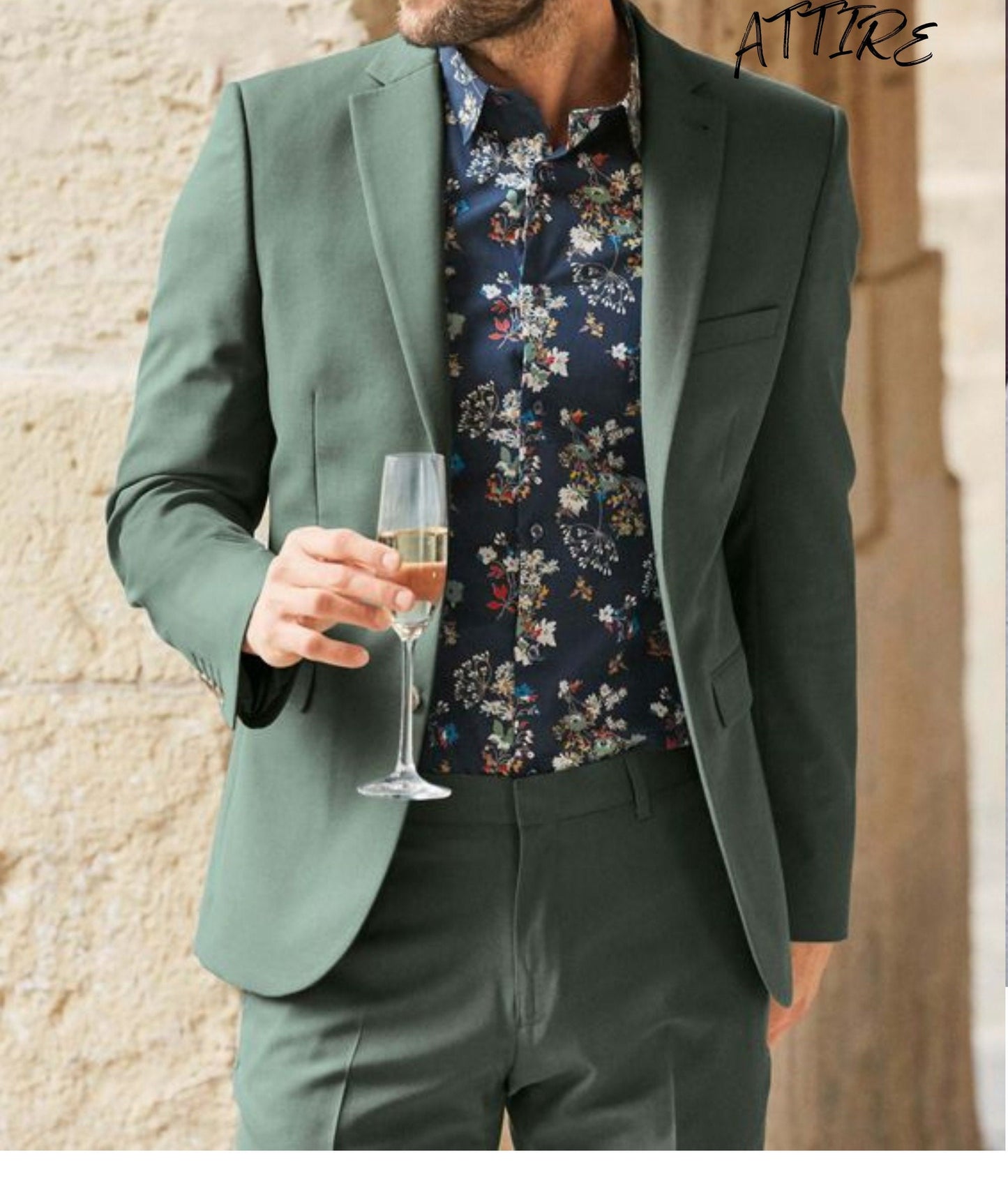 Men's Sage Green Suit, Slim Fit Two Piece Suit, Floral Shirt Option