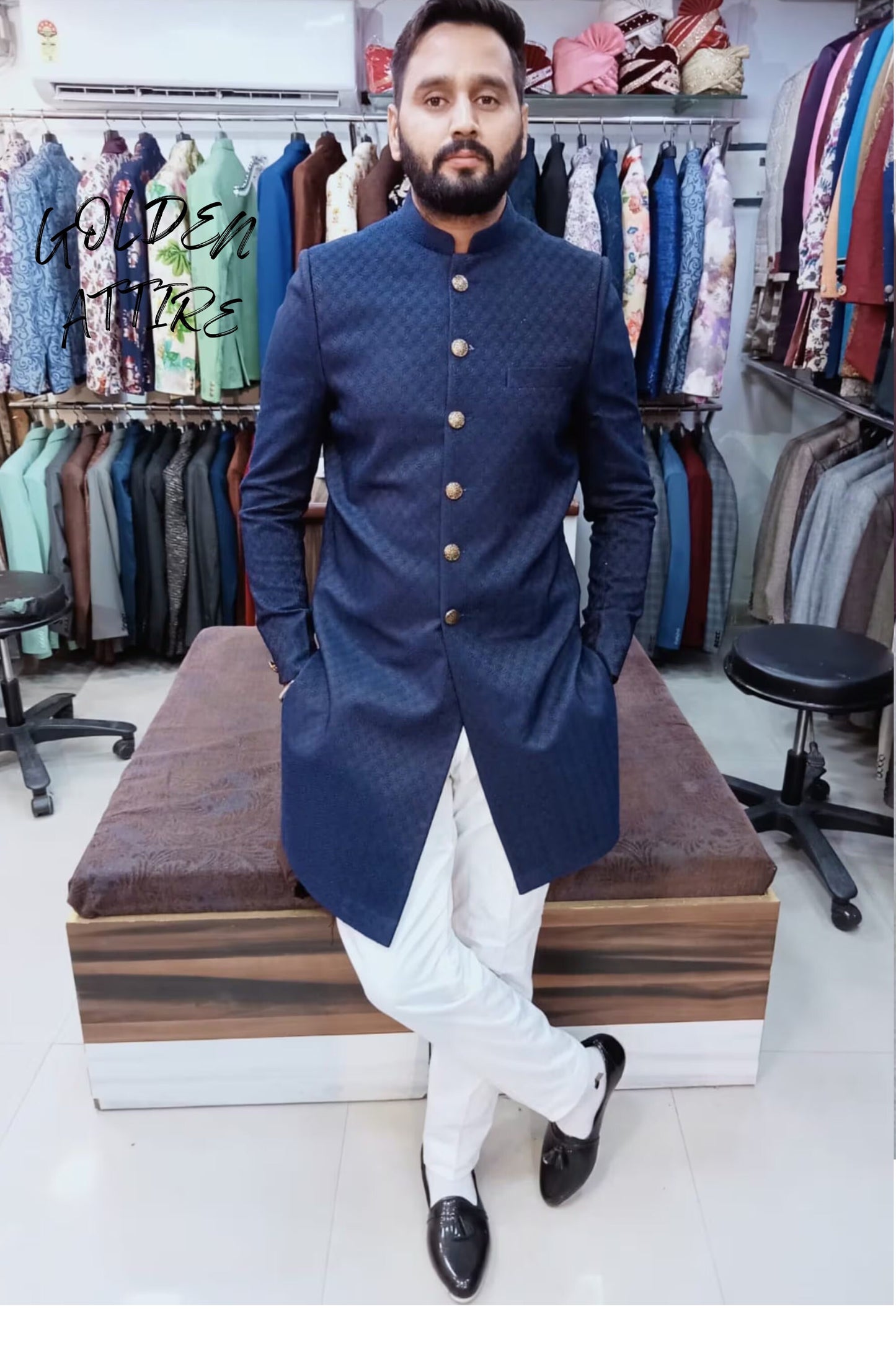 Blue Thread Embroidered Sherwani for Men, Indian Wedding Groom Outfit