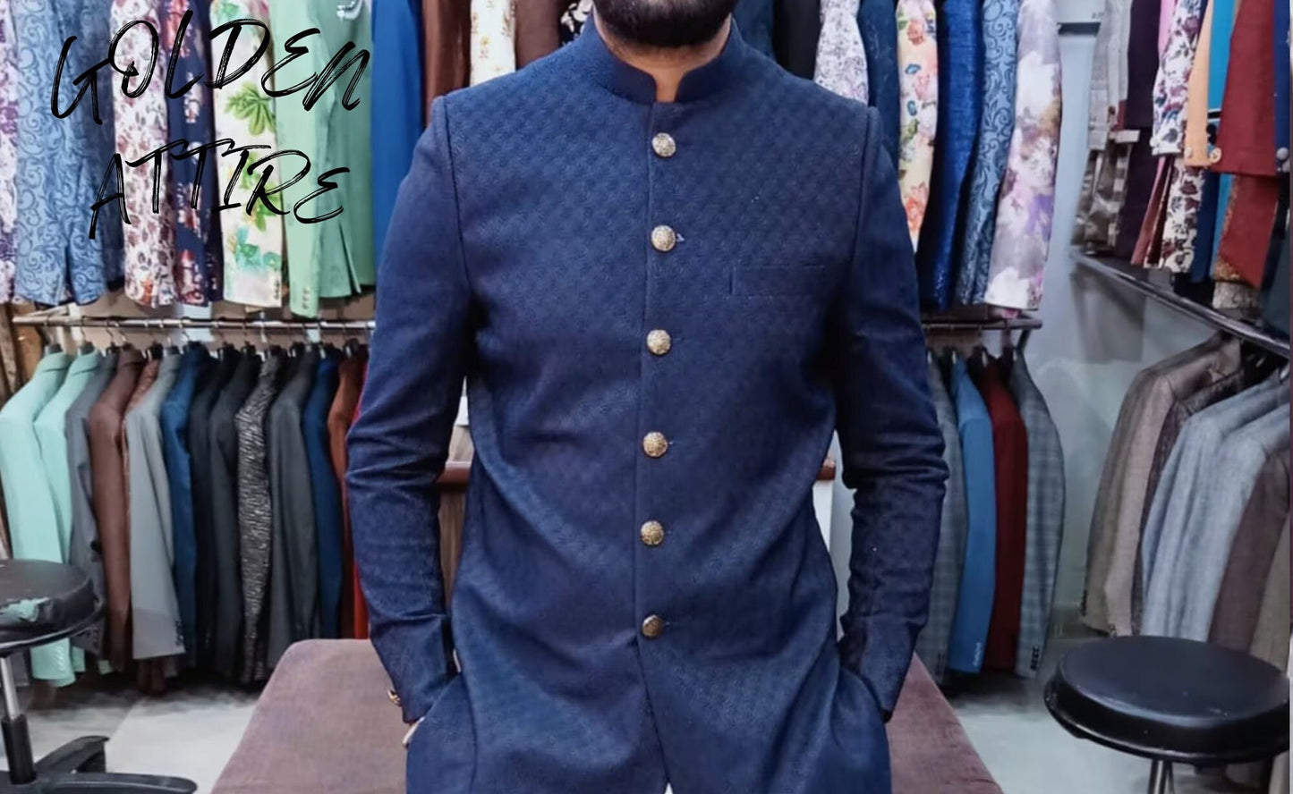 Blue Thread Embroidered Sherwani for Men, Indian Wedding Groom Outfit