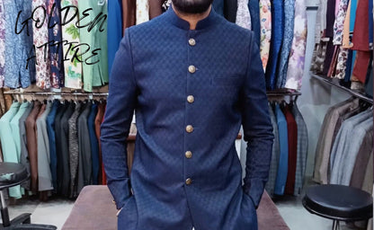 Blue Thread Embroidered Sherwani for Men, Indian Wedding Groom Outfit