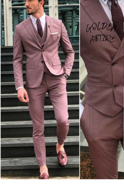 Dusty Rose Men's 3-Piece Suit, Wedding Groom Bespoke Attire