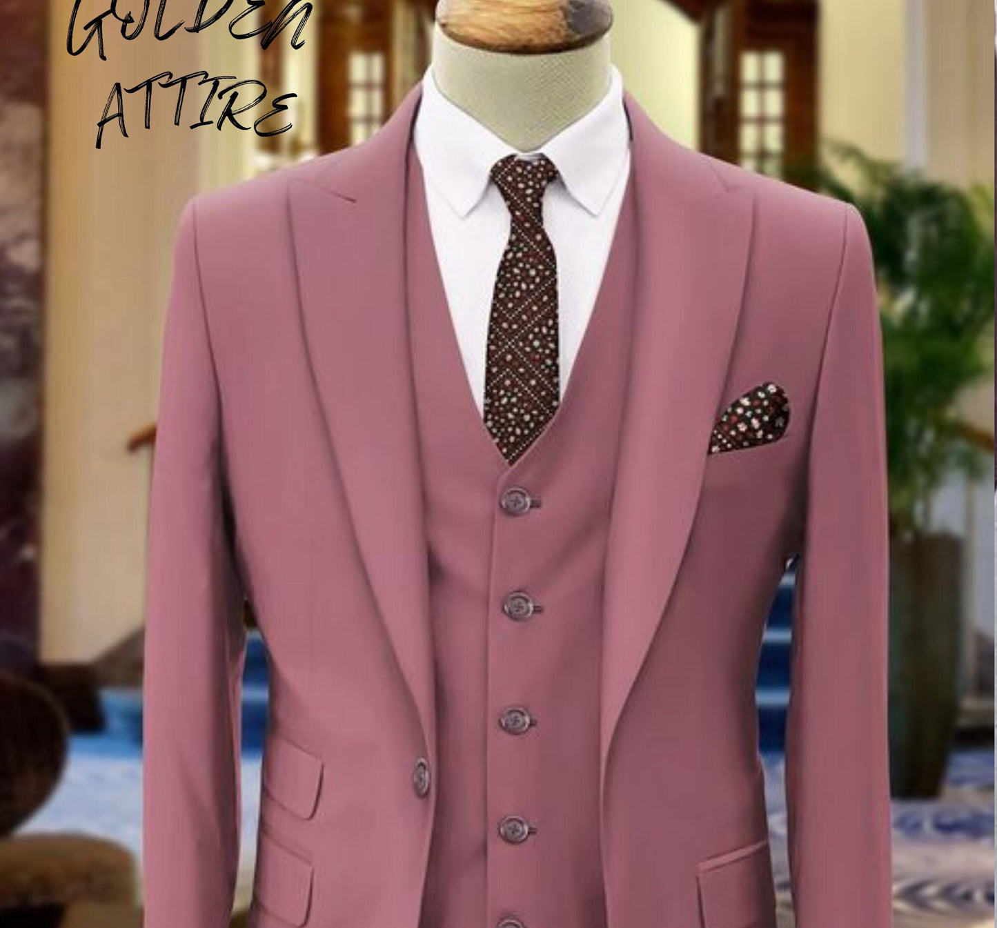 Dusty Rose Men's 3-Piece Suit: Wedding Groom Tuxedo