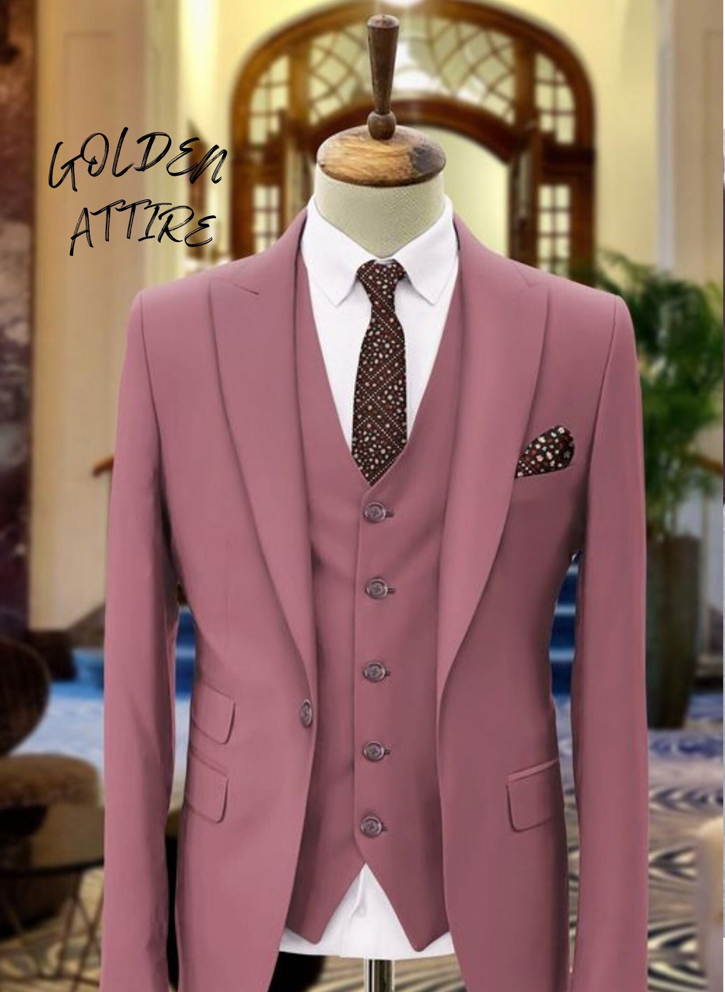 Dusty Rose Men's 3-Piece Suit: Wedding Groom Tuxedo