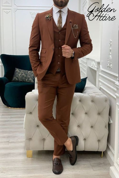 Men's Terracotta Three Piece Suit: Wedding Groom Bespoke Tuxedo