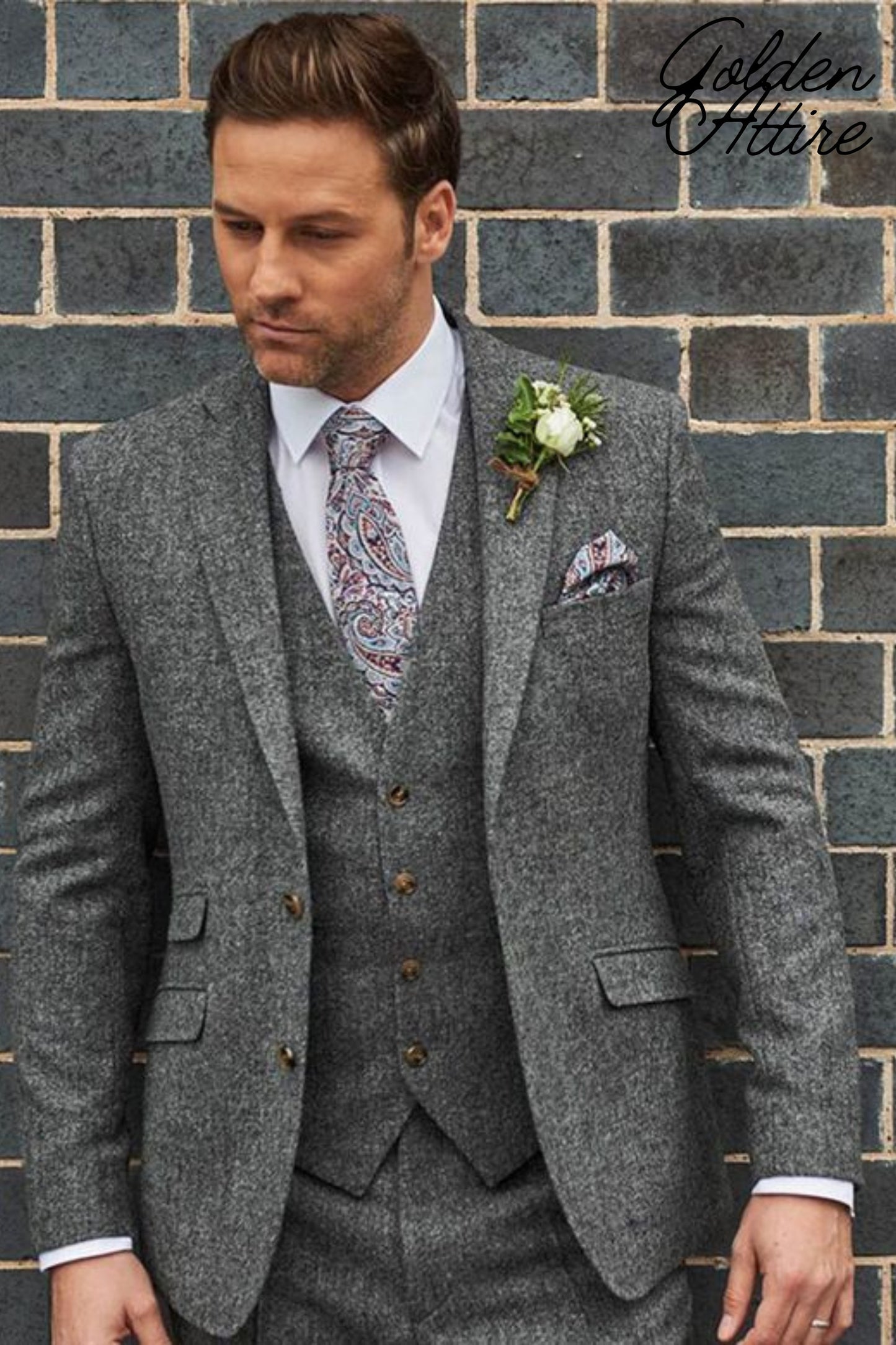 Grey Tweed Wool Men's Suit, Three Piece Wedding Groom Suit