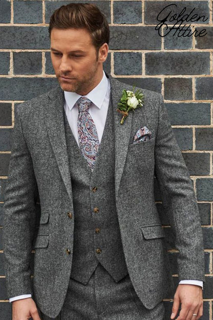 Grey Tweed Wool Men's Suit, Three Piece Wedding Groom Suit