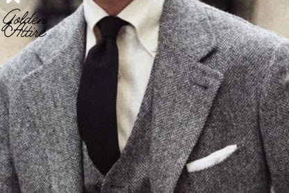 Tweed Wool Grey 3-Piece Suit: Luxury Wedding Groom Attire