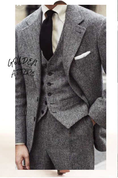 Tweed Wool Grey 3-Piece Suit: Luxury Wedding Groom Attire