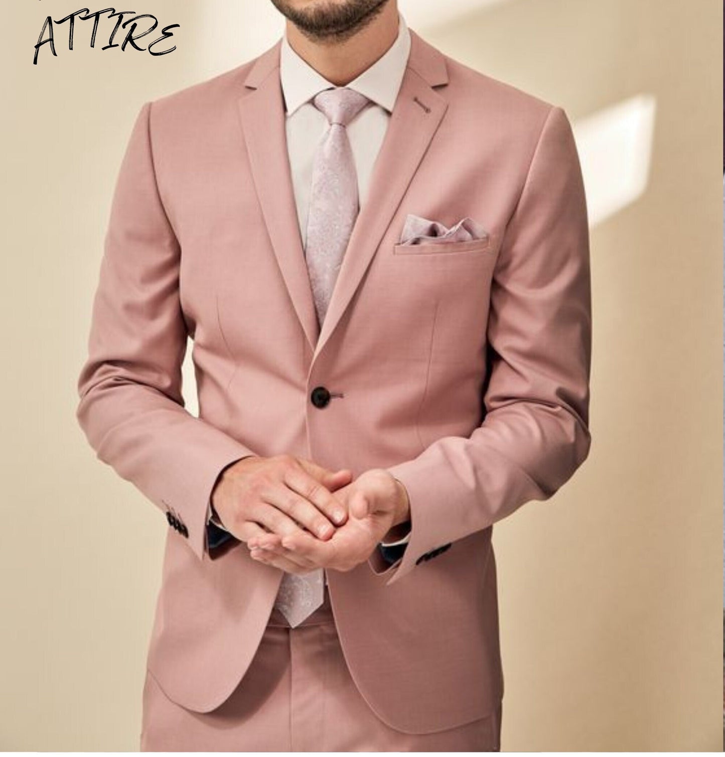 Dusty Rose Two Piece Wedding Suit, Luxury British Style Blush Pink Outfit