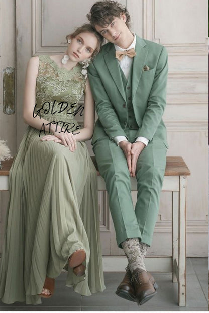 Green Three Piece Suit: Men's Wedding Groom Attire