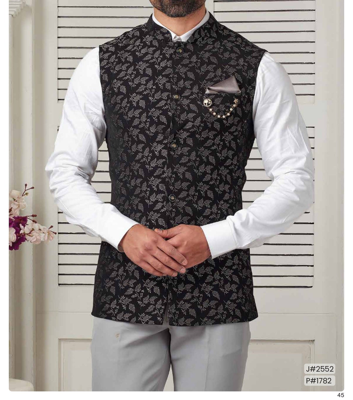 Black Print Nehru Jacket: Men's Modi Waistcoat, Groom Wedding Attire