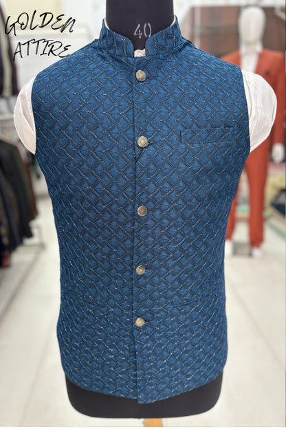 Peacock Blue Nehru Jacket, Men's Wedding Outfit, bandhgala waistcoat