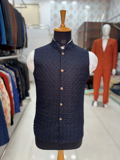 Navy Blue Nehru Jacket, Handcrafted Modi Jacket for Men