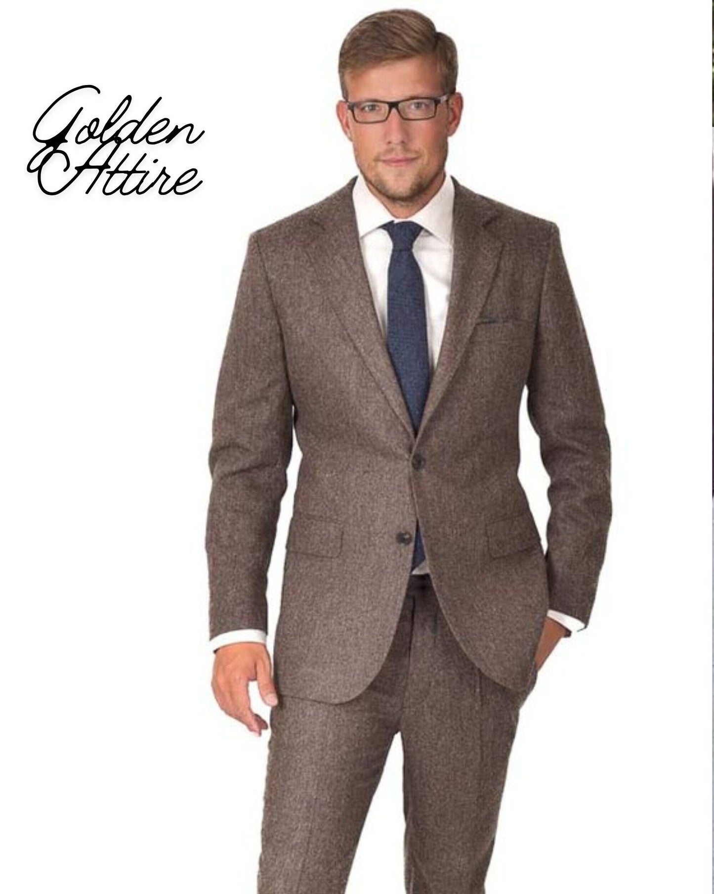 Tweed Wool Suit: Dusty Rose Three Piece Wedding Groom Suit