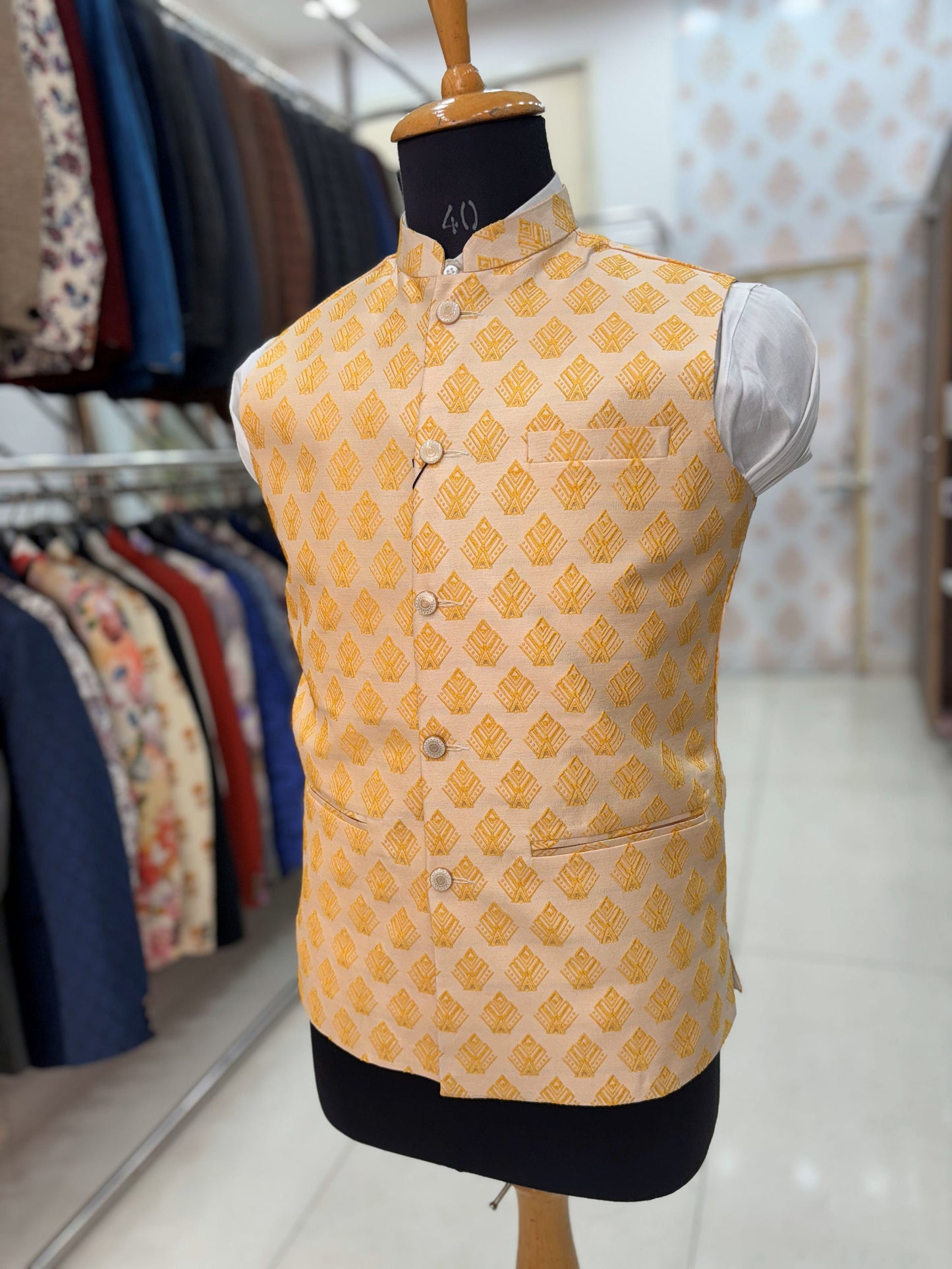 Beige Printed Nehru Jacket, Men's Modi Waistcoat
