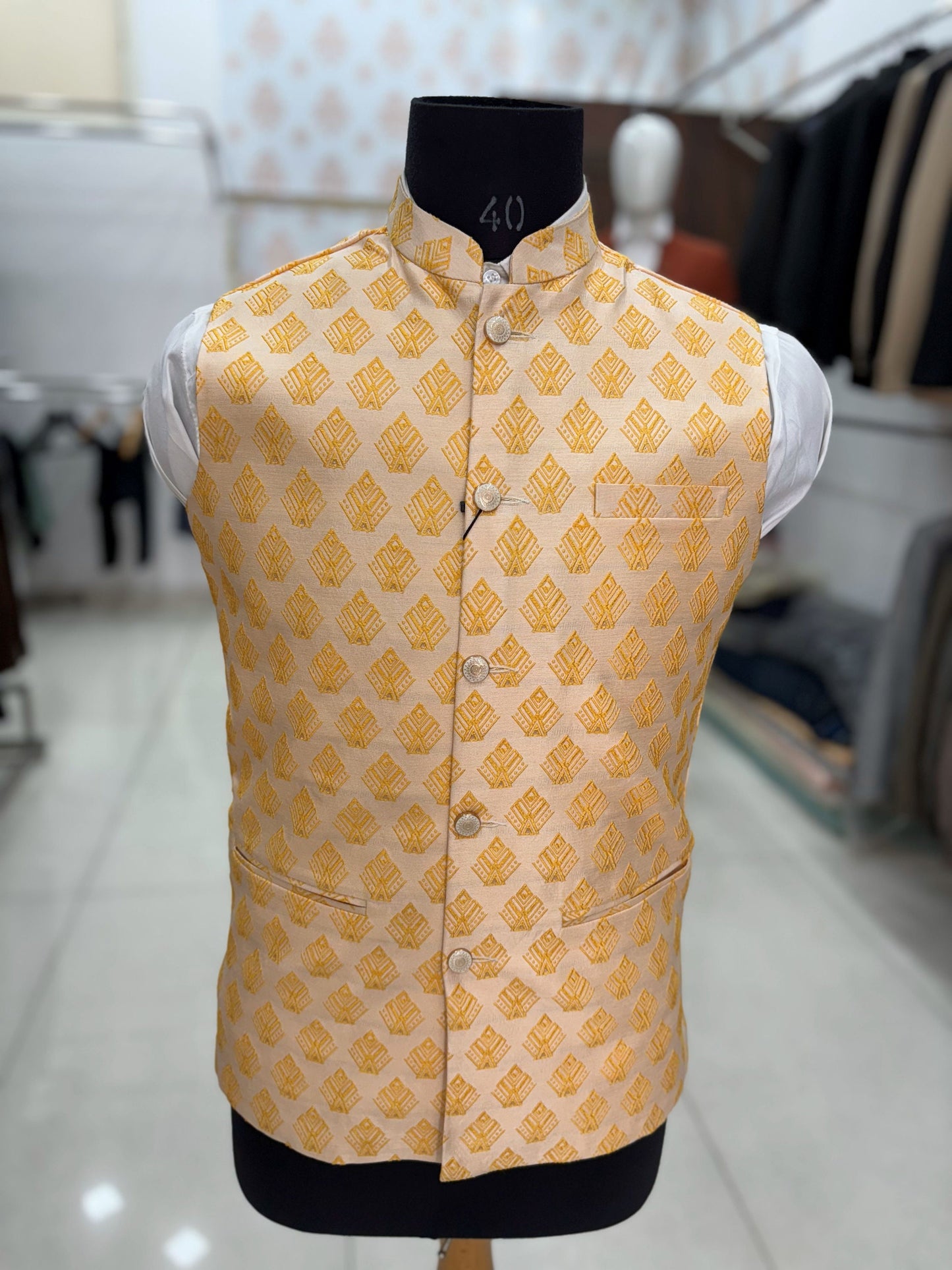 Beige Printed Nehru Jacket, Men's Modi Waistcoat