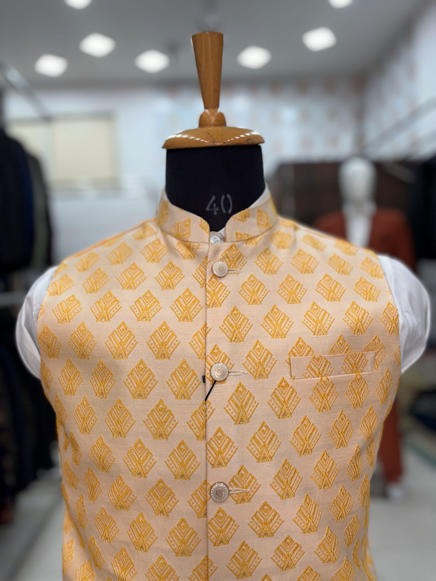 Beige Printed Nehru Jacket, Men's Modi Waistcoat