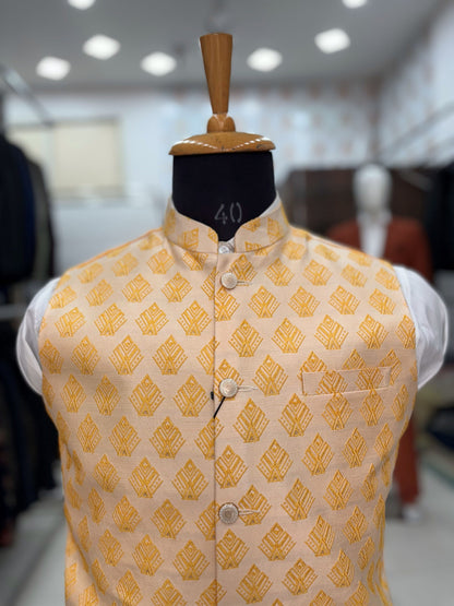 Beige Printed Nehru Jacket, Men's Modi Waistcoat