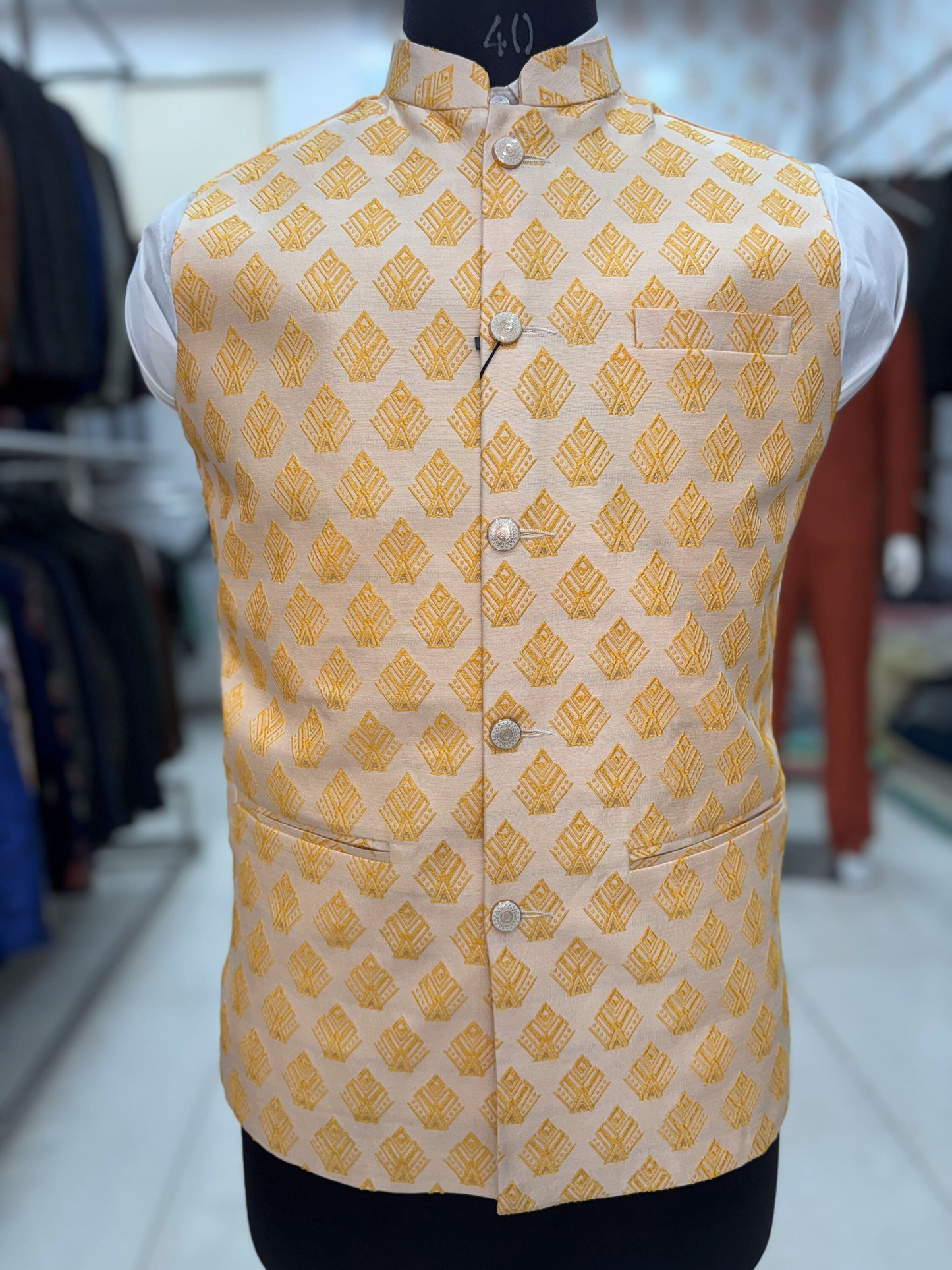 Beige Printed Nehru Jacket, Men's Modi Waistcoat