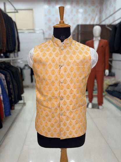 Beige Printed Nehru Jacket, Men's Modi Waistcoat
