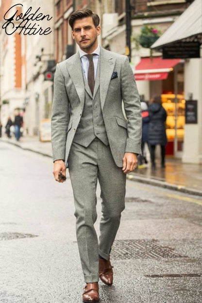 Tweed Wool Suit, Luxury 3 Piece Man Suit, Light Grey Wedding Wear